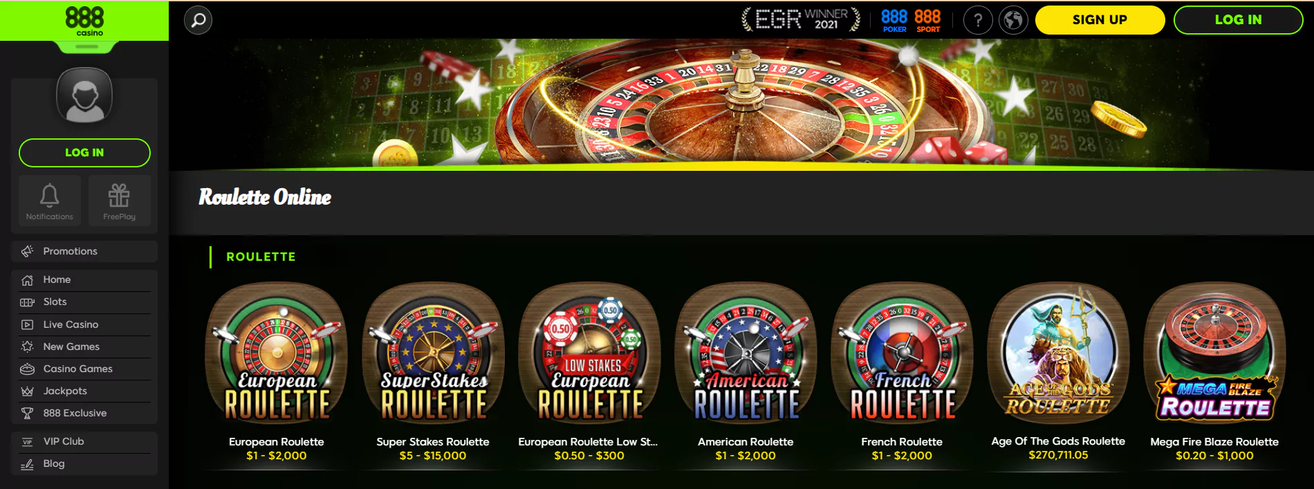 Screenshot of 888 Online Roulette Casino official website