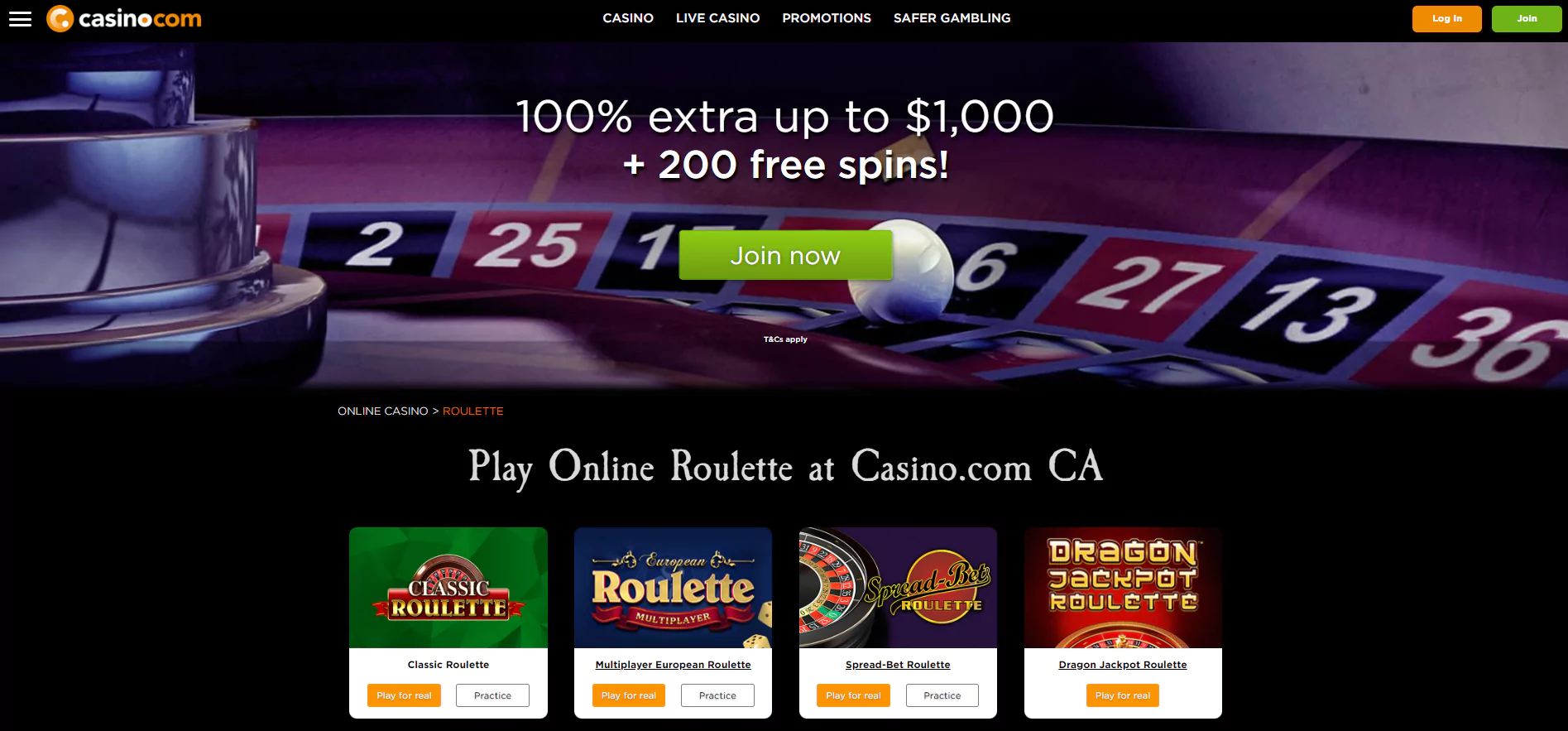 Screenshot of Casino Com official website - Best Online Roulette Casino